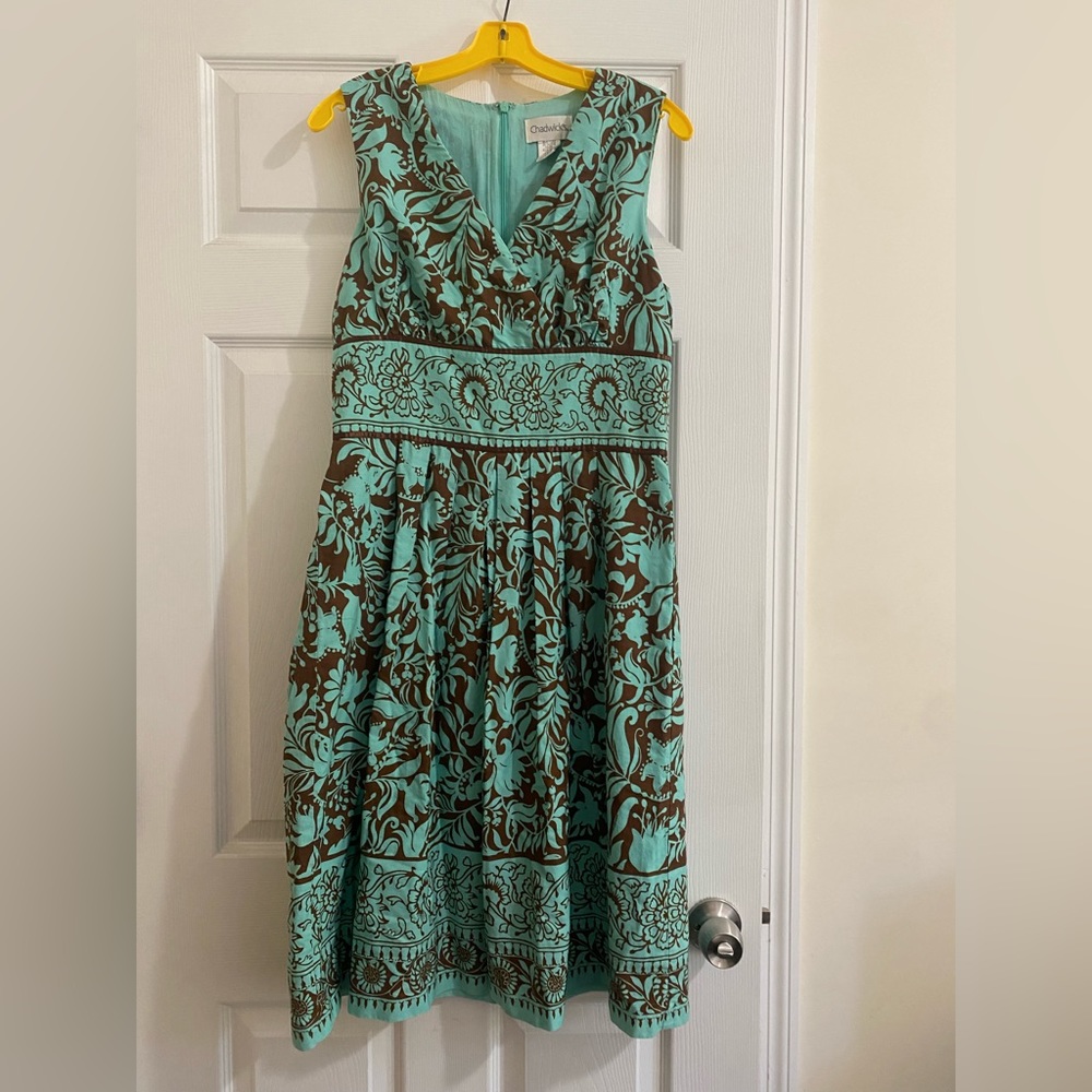 Chadwick’s Size 10 Floral Midi Dress in Aqua/Teal and Brown - 100% cotton